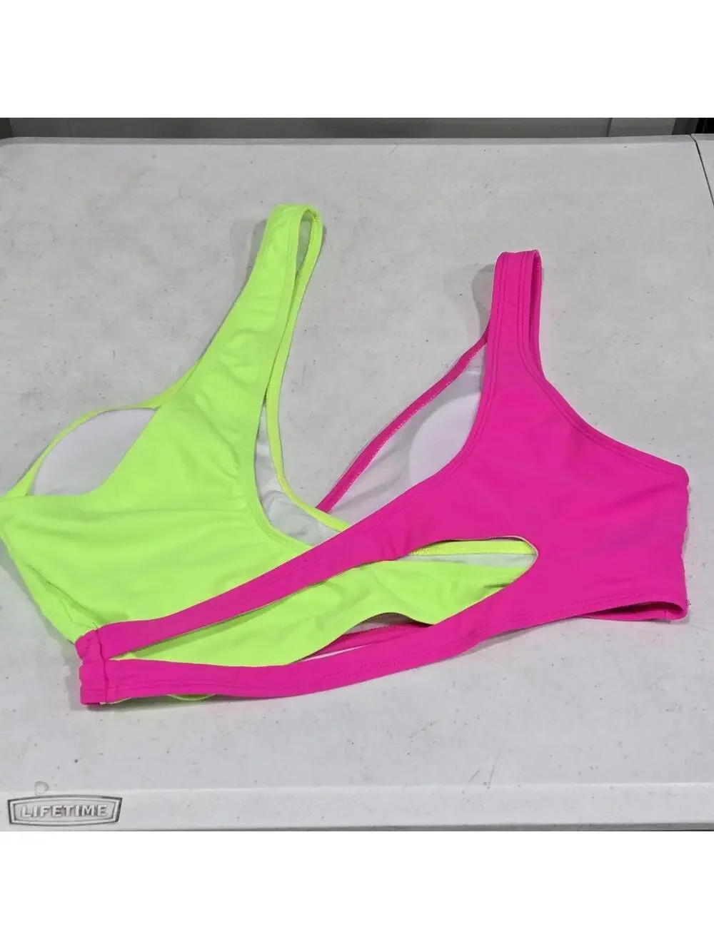 -Neon green and pink bikini top